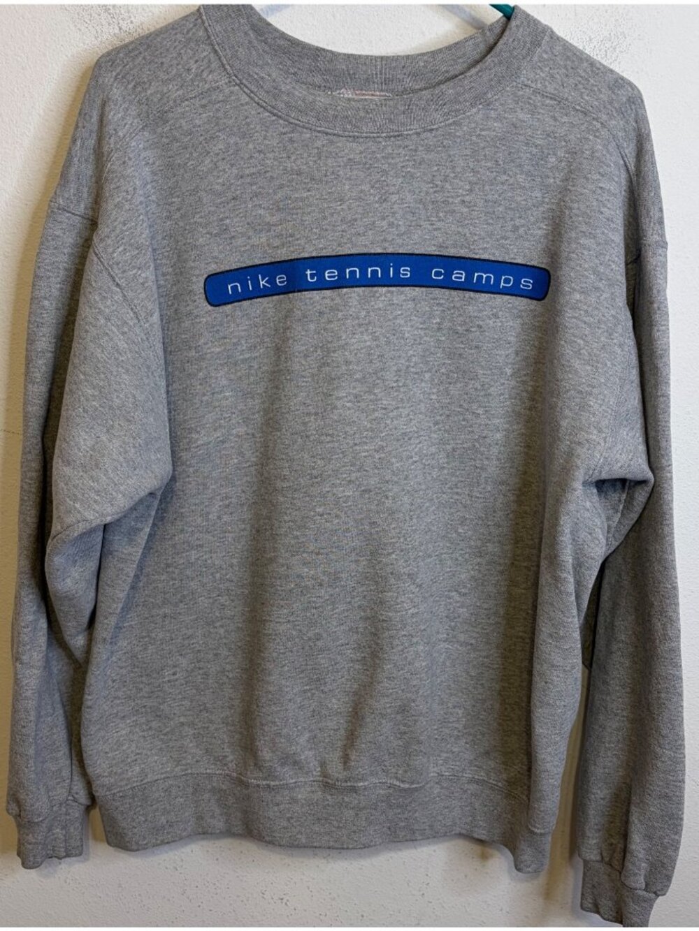 Vintage 1997 NIKE Tennis Camps Gray Sweatshirt Pullover SMALL Red Swoosh Tag
